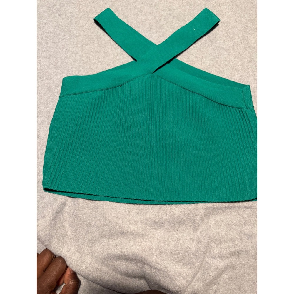 Sincerely Jules Green Ribbed Knit Crossover Halter Crop Top Sleeveless Medium
